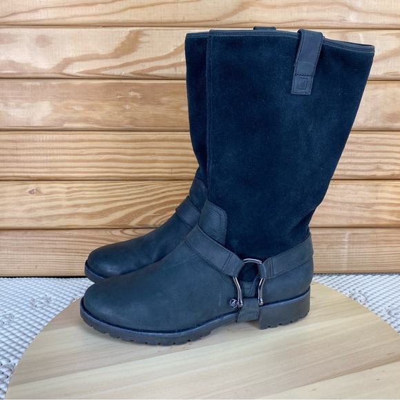 Sperry Top Sider Womens 6.5 US Black Leather Harness Boots Mid Calf Pull-on - Picture 1 of 11